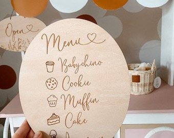 Letrero ovalado de cafetería para niños: tablero de madera para juego de imitación de cocina de juguete, letrero de cafetería inspirado en Montessori para juego de rol.