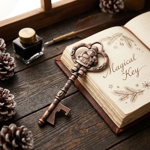 May include: A copper-toned metal key featuring a Santa Claus figure on the bow, resting on an open book with the text Magical Key written on the page. The key has a decorative shaft with star and leaf motifs and a bottle opener at the bit end.