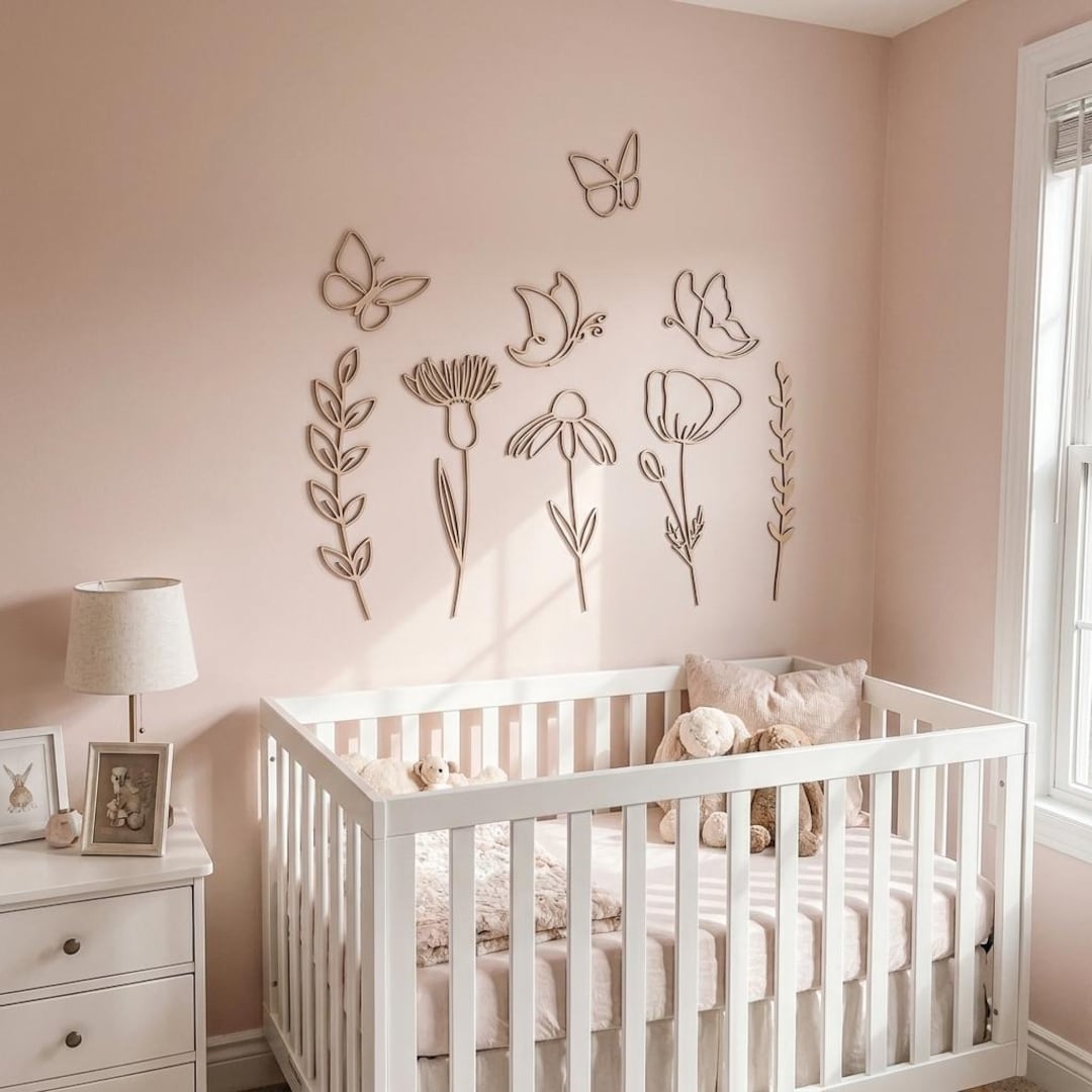 Wooden Wildflower Decal Set – Boho Nursery Wall Decor, Floral Wood Wall ...