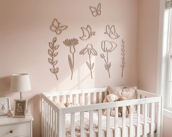 Wooden Wildflower Decal Set – Boho Nursery Wall Decor, Floral Wood Wall Stickers, Baby Girl Room Decor, Botanical Wall Art, Neutral Kids