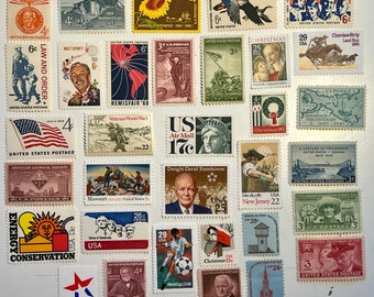 33 MINT Vintage US Postage Stamps - 33 different designs - usable postage for invitations or the collector