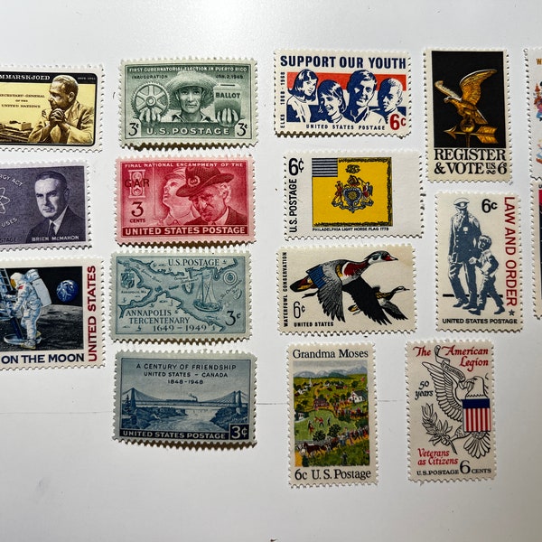 84c face value - 16 US 3c to 10c Unused Vintage Postage Stamps - MINT - 16 different designs in all!  From 1940s-1969