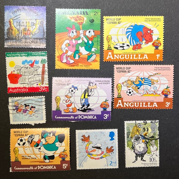 10 CHILDREN'S ART, Children's Book Characters, and/or CARTOONS on Stamps - 10 stamps per packet - No Duplicates