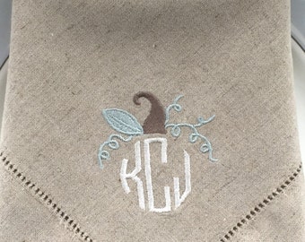 Personalized Embroidered Cloth Napkins - Monogrammed.  Fall Pumpkin, White Pumpkin, Thanksgiving Table decor, Fall Decor, Fall table linens