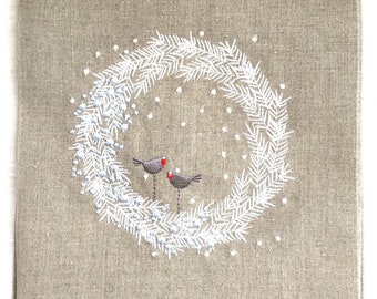 Embroidered Tea Towel or Guest Towel Wreath with Love Birds on Natural Linen. Hostess Gift