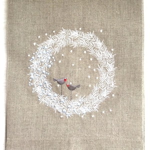 Embroidered Tea Towel or Guest Towel Wreath with Love Birds on Natural Linen. Hostess Gift