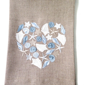 Embroidered Tea Towel or Guest Towel Seashell Heart