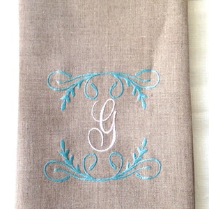 Monogrammed Tea Towel, Guest Towel  or hand towel.  Embroidered on Natural Linen.  Personalized.  Hostess Gift.  Holiday Gift.
