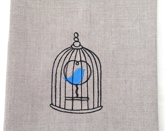 Embroidered Tea Towel, Guest Towel, Hand Towel Embroidered Blue Bird in a Cage on Natural Linen.  Hostess Gift.  Bird embroidery.