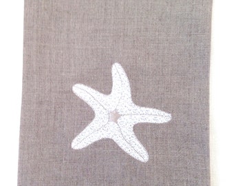 Embroidered Starfish Tea Towel, Guest Towel, hand Towel.  Natural Linen Towel, hostess gift, beach decor.  Nautical Decor.