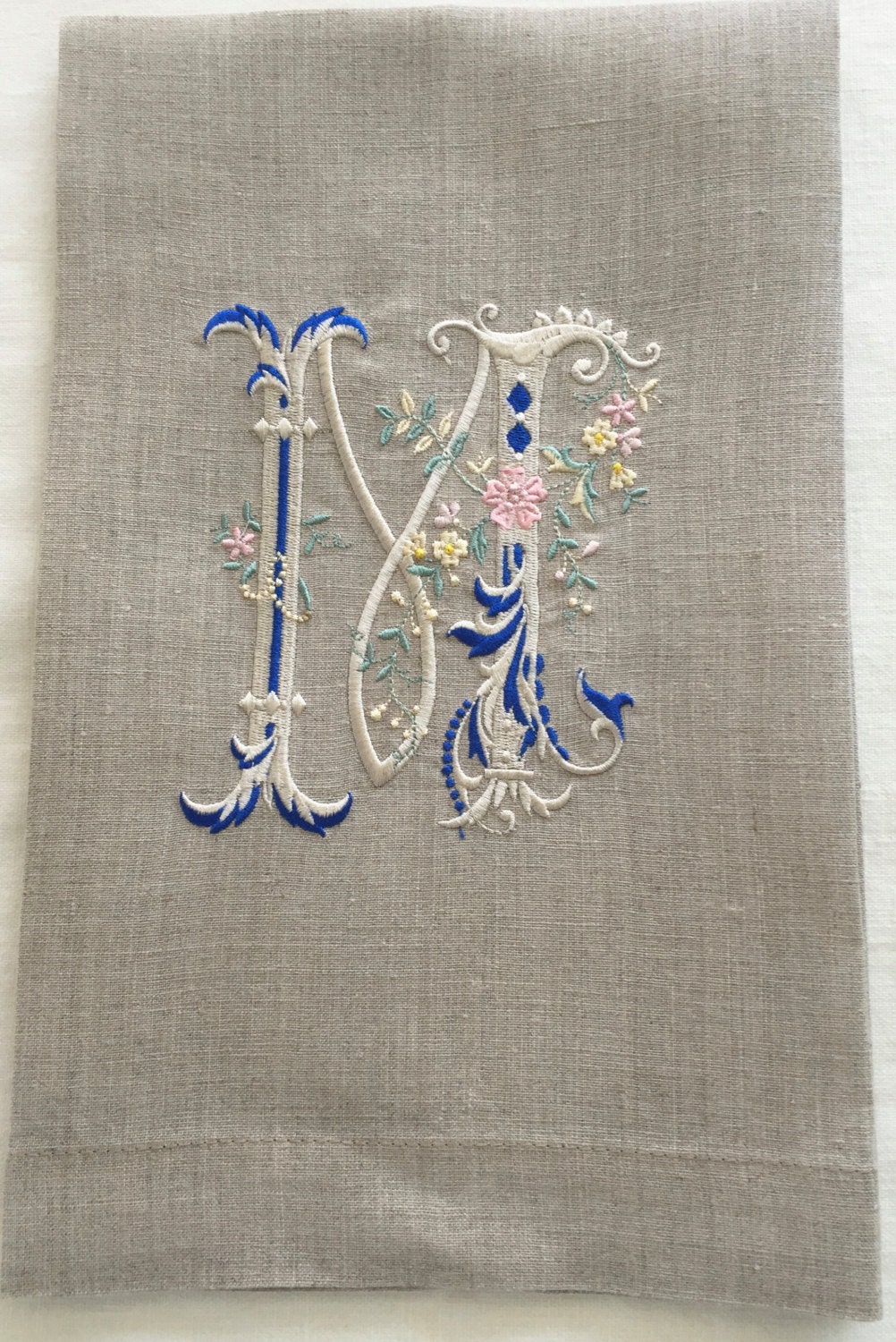 Monogram Tea Towel, Guest Towel, Hand Towel.  Elegantly embroidered on Linen.  Personalized gift.  Hostess Gift.  Single Letter Monogram.