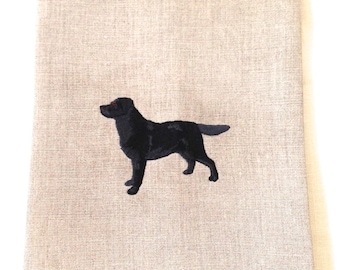 Tea Towel or Guest Towel Embroidered Black Lab on Linen.  Labrador Retriever.  Dog Lover.  Animal Lover.  Dog towel.