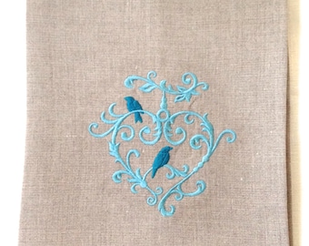 Love Bird Hearts Guest Towel or Tea Towel. Embroidered Linen