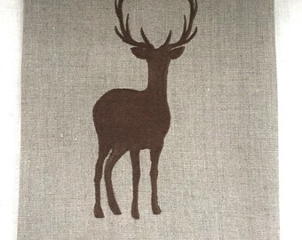 Stag Silhouette Tea Towel, Guest Towel, Hand Towel Embroidered on Linen.  Hostess Gift.  Rustic Decor.