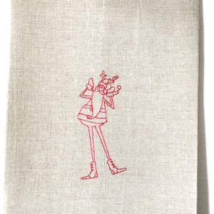 Embroidered Tall Santa Dish Towel or Guest Towel with Antlers on Natural Linen