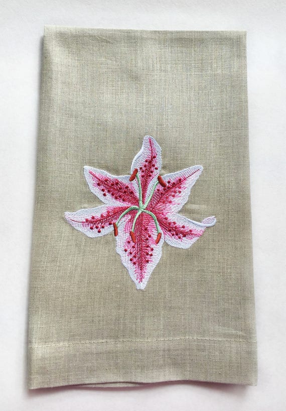 Embroidered Towels / Embroidered Hand Towels / Linen Towels / Linen Dish Towels / Linen Hand Towels / Stargazer Lily Embroidered Towel