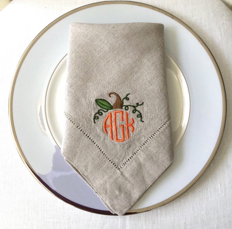 Embroidered Linen Cloth Napkins Pumpkin Monogram Fall Decor Etsy