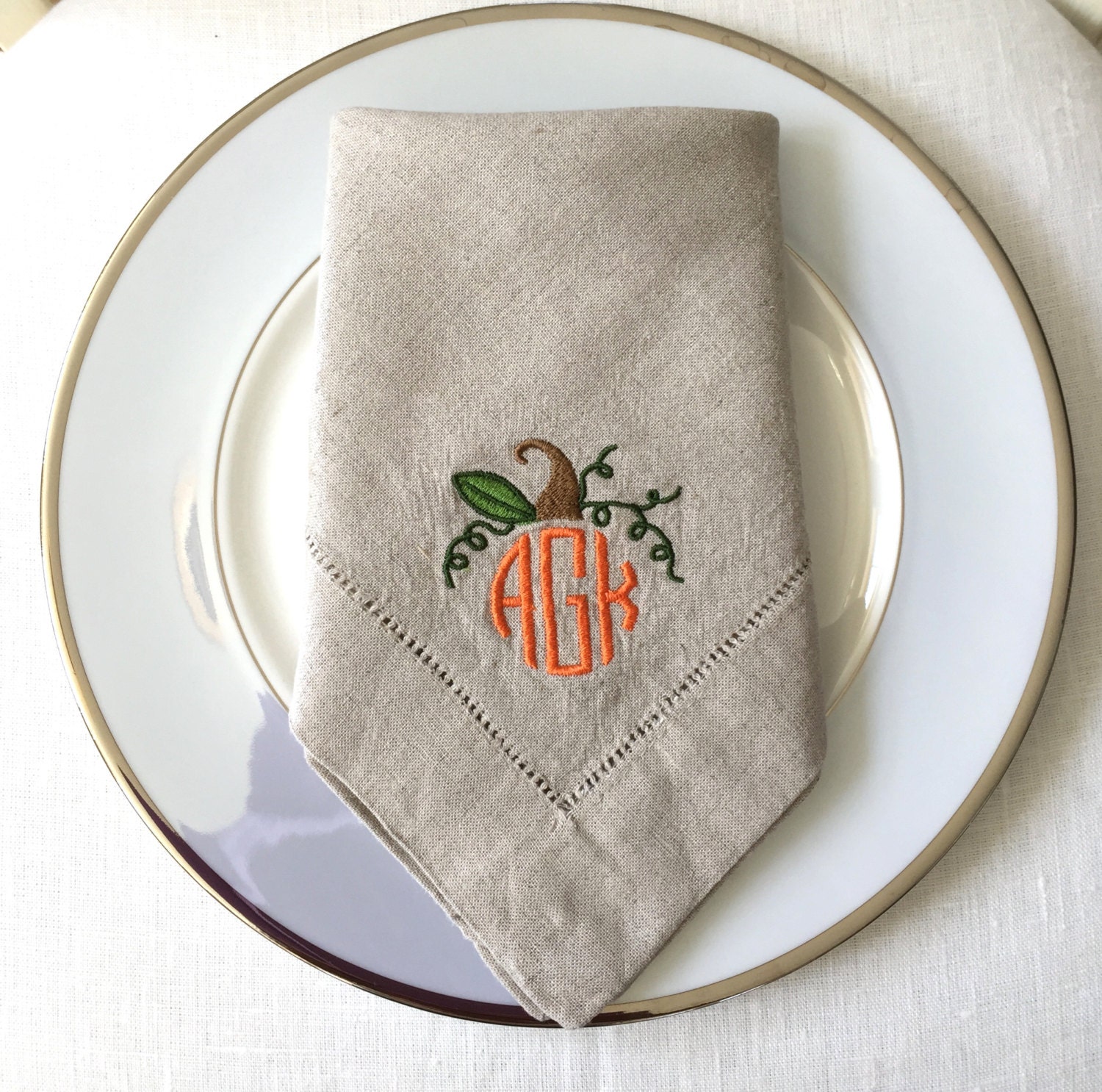 Embroidered Linen Cloth Napkins Pumpkin Monogram Fall Decor Etsy