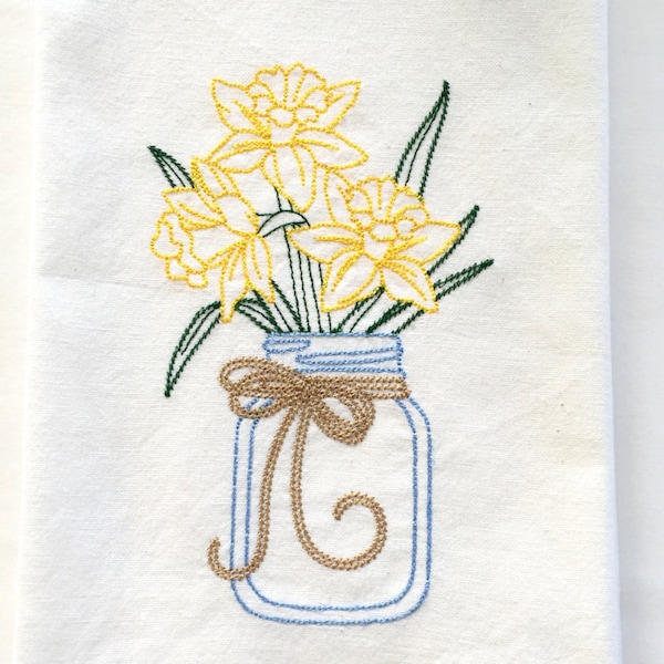 Embroidered Daffodil in Mason Jar kitchen towel, 100% cotton, dish towel, tea towel, Hostess Gift.