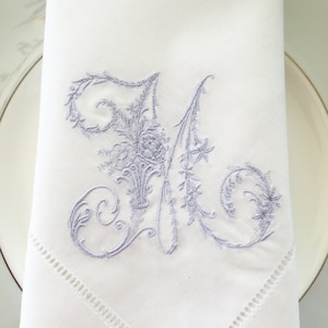 Embroidered Linen Cloth Napkins.  Monogrammed Victorian Letter.  Linen Table Linens.  Wedding Gift.  Linen Napkins.  Cloth Napkins.