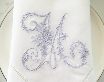 Embroidered Linen Cloth Napkins.  Monogrammed Victorian Letter.  Linen Table Linens.  Wedding Gift.  Linen Napkins.  Cloth Napkins.