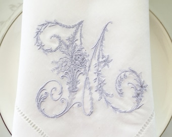 Embroidered Linen Cloth Napkins.  Monogrammed Victorian Letter.  Linen Table Linens.  Wedding Gift.  Linen Napkins.  Cloth Napkins.