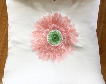 Embroidered Pillow - Gerber Daisy.  Embroidered Cushion.  Wedding Gift.  Hostess Gift.  Christmas Gift.  Floral decor.