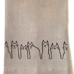 Embroidered Tea Towel,  Guest Towel or hand towel.  Kitty Cats Embroidered on Natural Linen.  Cat lovers.  Hostess Gift.  Holiday Gift.
