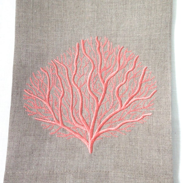 Embroidered Towel.  Tea Towel, Guest Towel, Hand Towel Embroidered Sea Fan in Coral.  Beach Decor.  Fine Linen.  Hostess Gift.