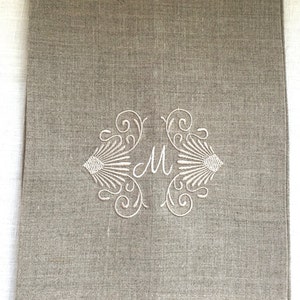 Monogram Tea Towel or Guest Towel Embroidered on Linen with Shell design.  Personalized.  Hostess Gift.