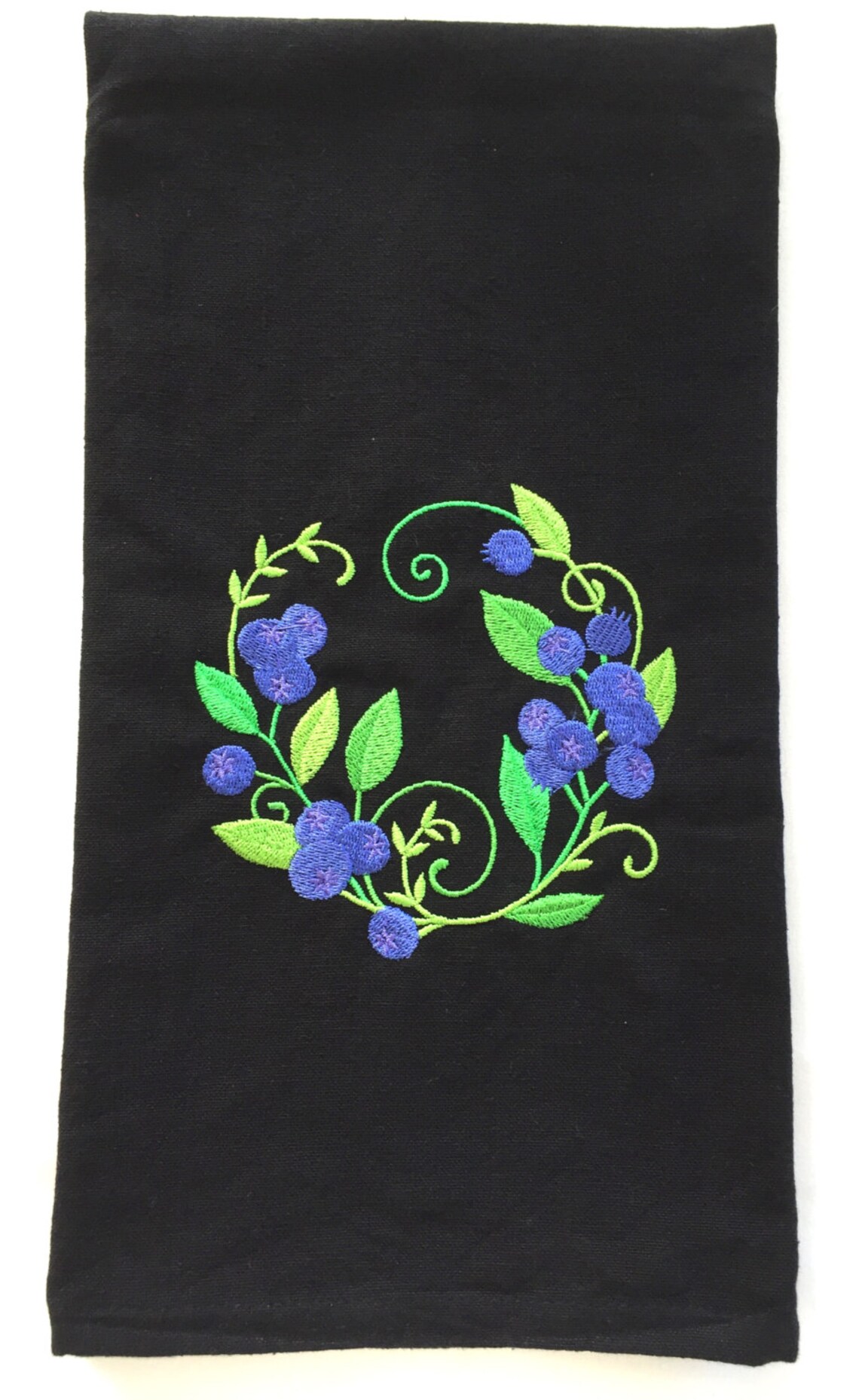 Embroidered Blueberry Kitchen Towel 100 Black Cotton Dish Etsy