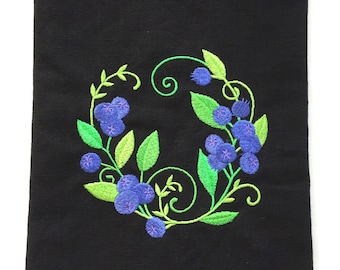 Embroidered Blueberry kitchen towel, 100% black cotton, dish towel, tea towel, Hostess Gift.