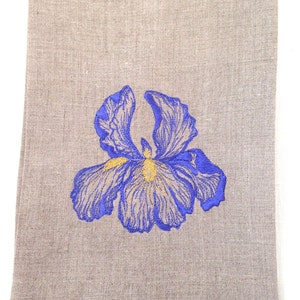 Embroidered Tea Towel, Guest Towel Iris on natural linen.  Beautiful Embroidered Iris.  Hostess Gift.  Fine Linens.  Embroidered flowers.