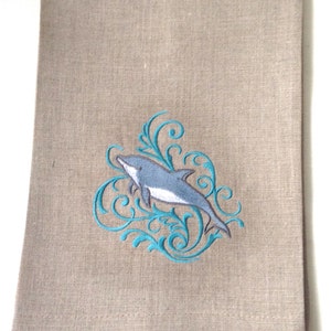 Embroidered Dolphin Tea Towel, Guest Towel, Hand Towel on Linen.  Beach Decor, hostess gift.  Sea Life Decor.