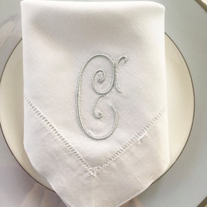 Monogram Embroidered Linen Napkins.  Single letter monogram.  Fine Linens.  Cloth Napkins. Wedding Gift.  Personalized.  Table Linens.