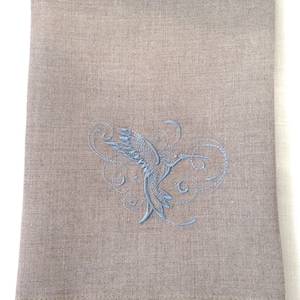 Embroidered Tea Towel, Guest Towel or hand towel.   Hummingbird on Natural Linen.  Hostess Gift.  Christmas Gift. House Warming.