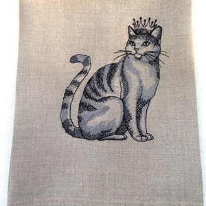 Cat Tea Towel, Guest Towel Embroidered Cat on Linen.  Kitty Towel.  Royal Kitty Cat.  Hostess Gift.  Christmas Gift. Cat Lover