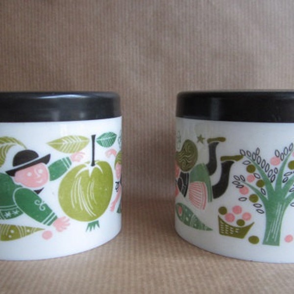 Reserved for Julie - Two plastic canisters with Scandinavian decor white black lid set duo flying people farm tree  fruit apples