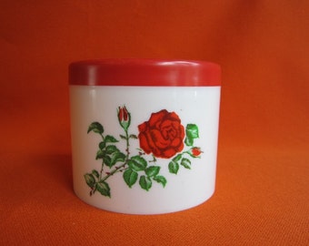 Mid Century Modern Plastic Red and White Canister with Roses Storage Coffee Tea Flour Rice Kitchen Cotton Balls Bath Room Vanity Table Gift