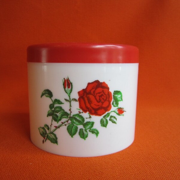 Mid Century Modern Plastic Red and White Canister with Roses Storage Coffee Tea Flour Rice Kitchen Cotton Balls Bath Room Vanity Table Gift