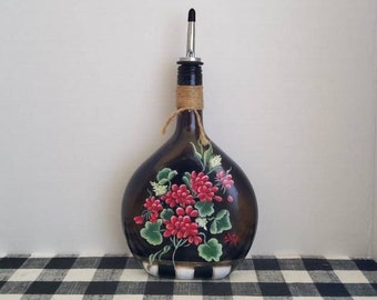 Olive Oil Dispenser with Hand Painted Geraniums