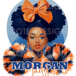 Op de afbeelding: Digitale illustratie van een vrouw met een donkere huid, met een grote oranje strik en oorringen. Ze heeft een pompon sjaal in oranje en marineblauw. De tekst "MORGAN Lady" wordt weergegeven in marineblauw en oranje.