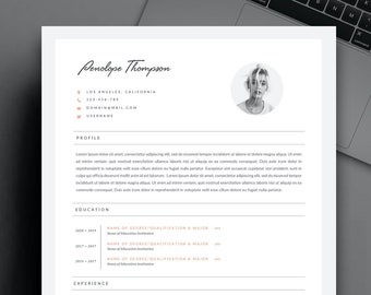 Puede incluir: Una plantilla de currículum vitae en blanco y negro con una foto de una mujer. El currículum incluye el nombre Penelope Thompson, información de contacto, una sección de perfil, una sección de educación y una sección de experiencia.