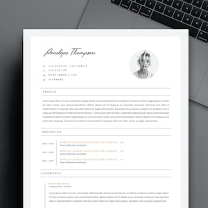 May include: A black and white resume template with a headshot of a woman. The resume includes the name Penelope Thompson, contact information, a profile section, education section, and experience section.