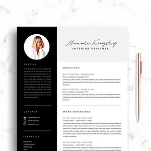 May include: A black and white resume template with a photo of a woman in the top left corner. The resume includes sections for profile, education, work experience, contact, and expertise. The text "Miranda Kingsley" is written in cursive at the top of the page.