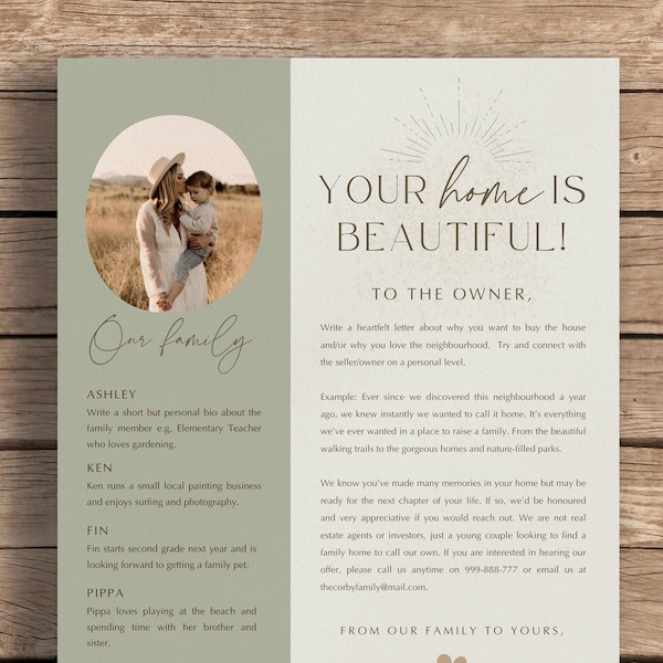 love letter paper design pdf Bohemian Olive Design Home Love Letter Template for Canva | Boho We Love Your Home Offer Letter to House Seller | Buying Home Realtor Note