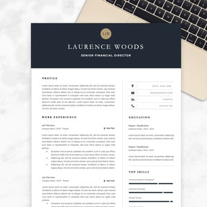 May include: A black and white resume template with a dark blue header. The header includes the text "L/W" in a gold circle, "LAURENCE WOODS" in a white sans-serif font, and "SENIOR FINANCIAL DIRECTOR" in a smaller white sans-serif font. The resume includes sections for "PROFILE", "WORK EXPERIENCE", "EDUCATION", and "TOP SKILLS".