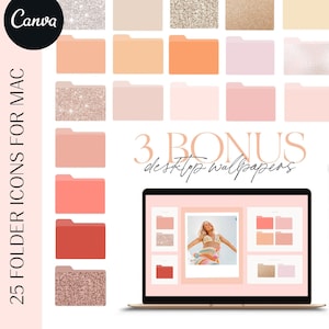May include: A set of 25 folder icons for Mac in various shades of pink, peach, and beige, with some featuring glitter textures. The icons are displayed on a laptop screen with a pink background. The text "3 BONUS desktop wallpapers" is displayed above the laptop.