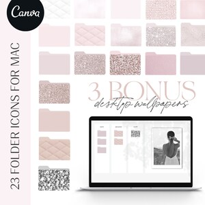 May include: A set of 23 pink and white folder icons for Mac, with various textures and patterns, including glitter, quilted, and leather. The icons are displayed on a white background. The text "3 BONUS desktop wallpapers" is also included in the image.