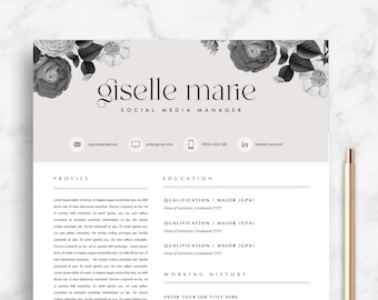 Modèle de CV pour Canva | Modèle de CV 2 pages + lettre de motivation | CV Coiffeur "Flora" | Designer Créatif | Modèle de CV Joli Floral